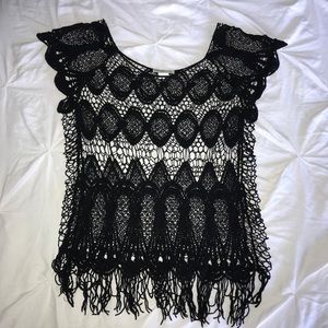 Black knitted cover up shirt with fringe